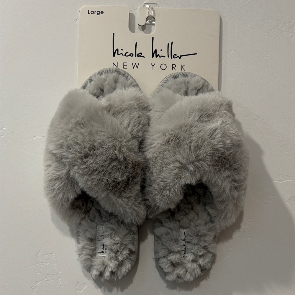 Nicole Miller Soft Gray Faux Fur Slides